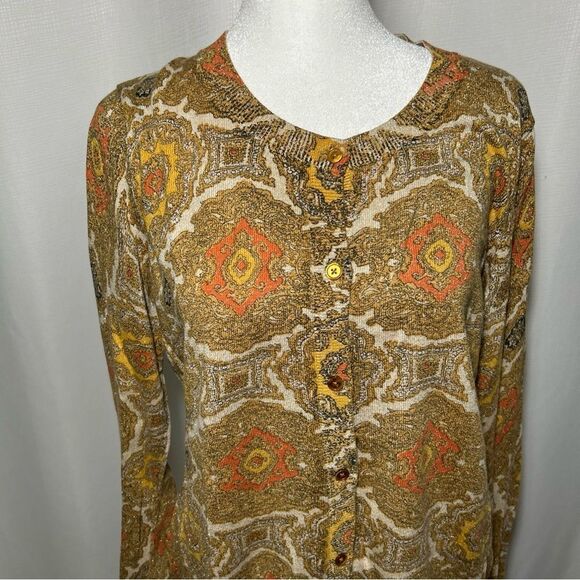 Talbots Women’s Large Cardigan Sweater Gold Metallic Knit Long Sleeve Button Up - Picture 2 of 9